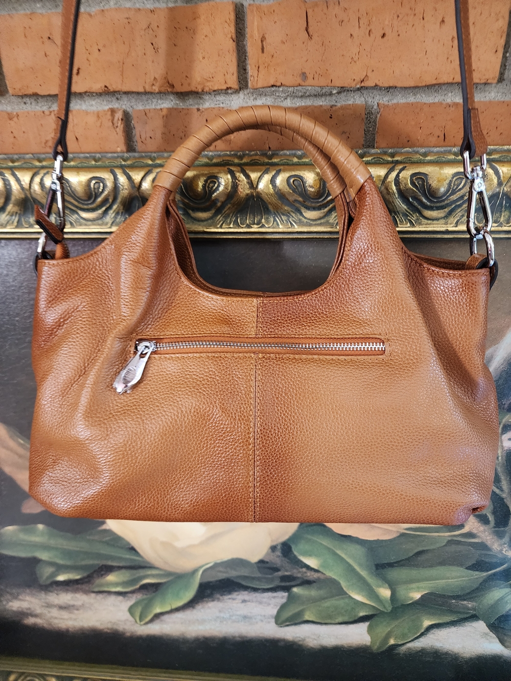 Structured Tan Leather Shoulder Bag with Wrapped Top Handle - Picture 8 of 15